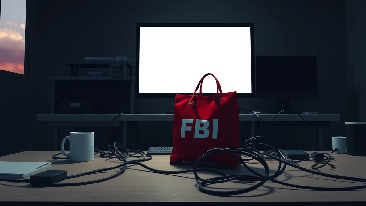 Illustration: A darkened office contains a single glowing computer monitor displaying a blank white webpage on a cluttered desk.