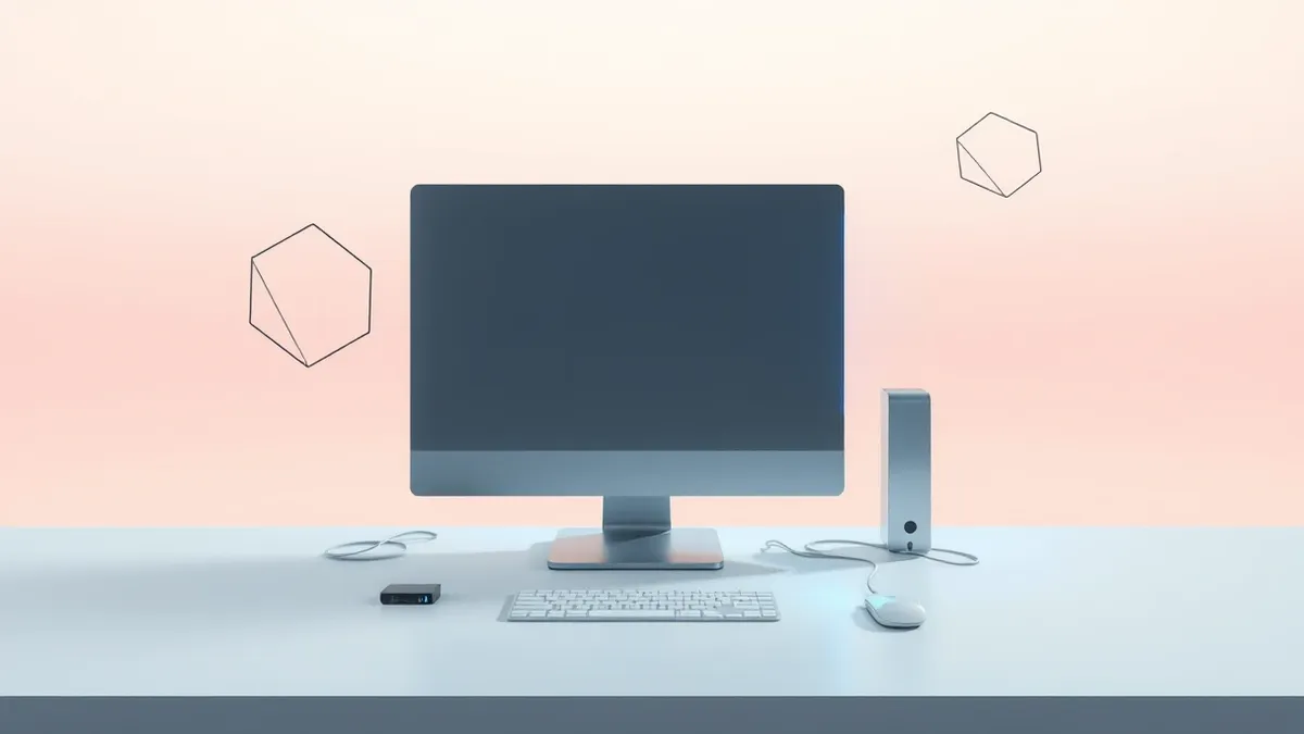 Illustration: A sleek silver desktop computer sits on a clean white desk.