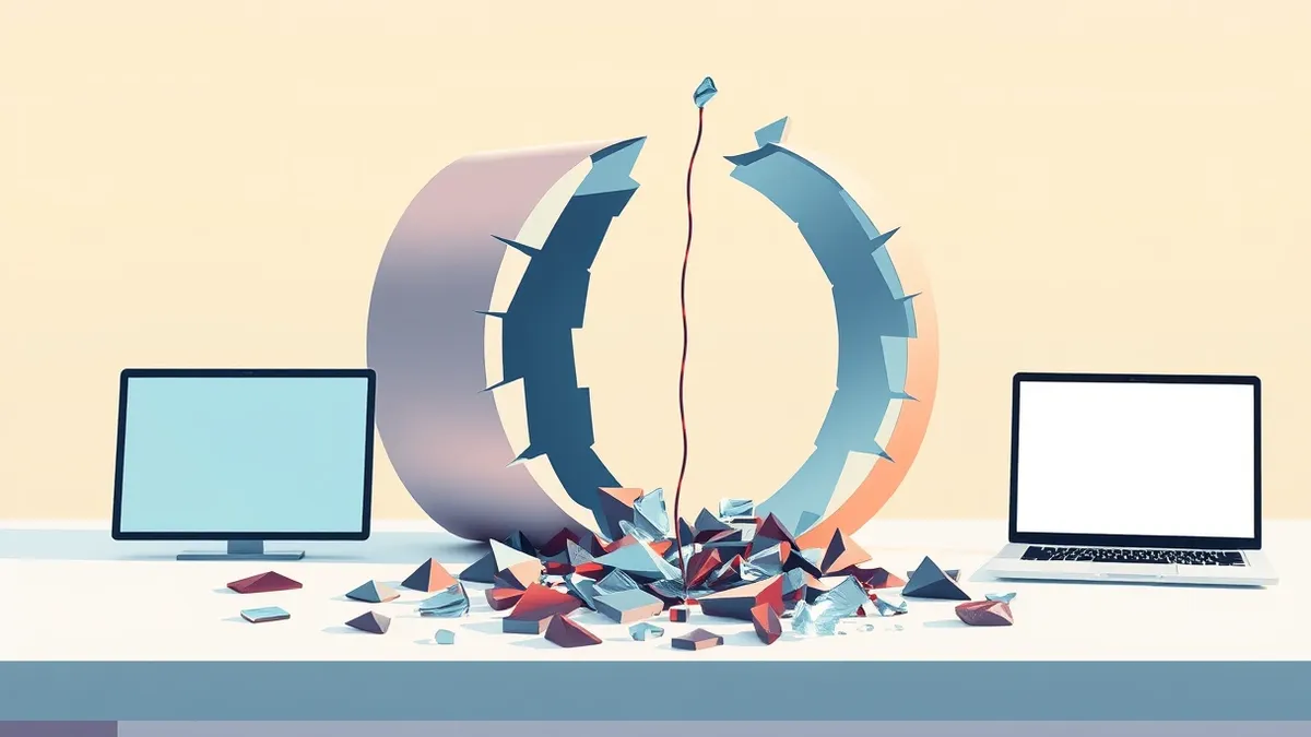 Illustration: A stylized database cylinder sits cracked open on a clean desk, spilling sharp, jagged shards of glass like broken data.