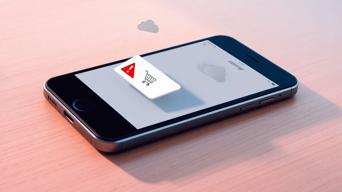 Illustration: A smartphone lies on a wooden table, its screen lit with a stark white alert window displaying a single red warning triangle.