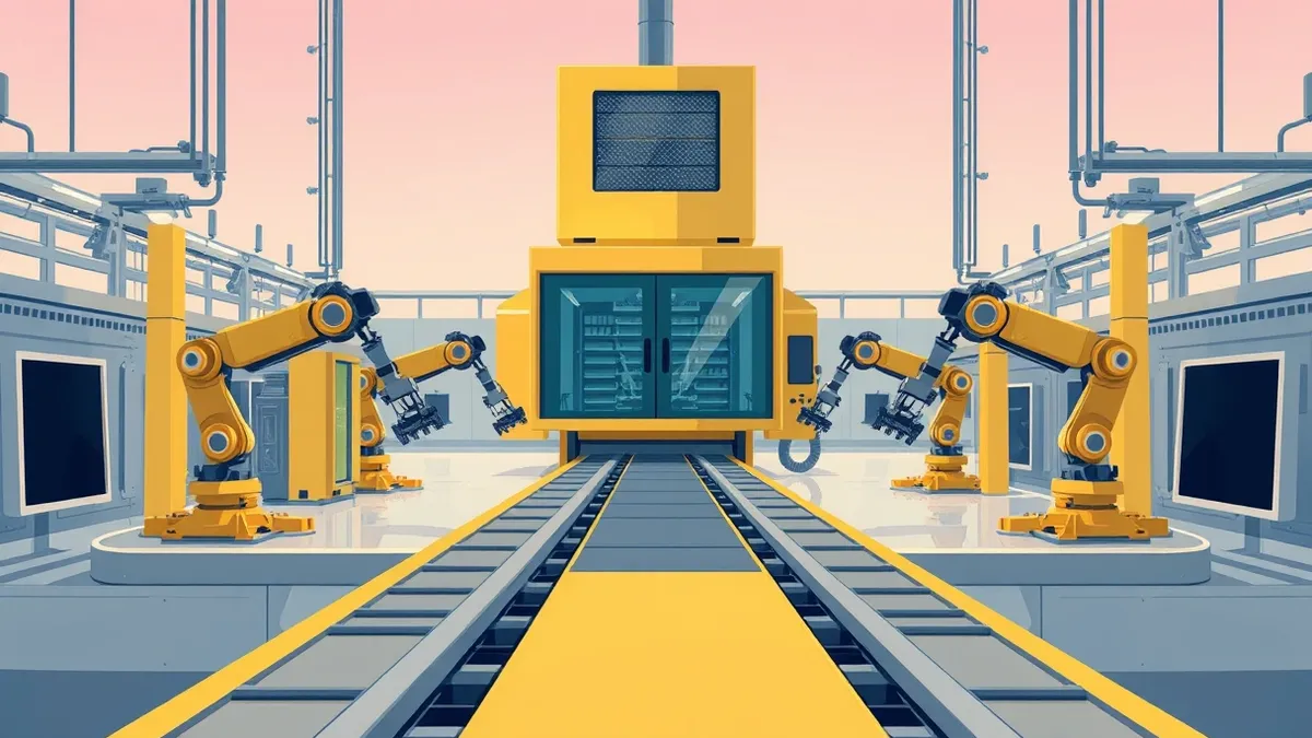 Illustration: A sleek, sterile factory floor features a towering yellow machine with intricate glass panels.