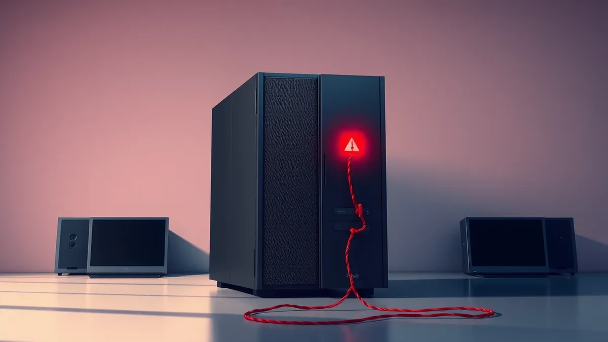 Illustration: A sleek, modern office server sits in a dimly lit room, its front panel displaying a stark red warning light.