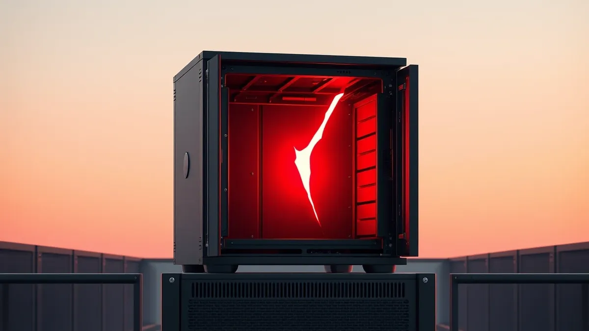 Illustration: A sleek black server unit sits on a metal rack with its front panel slightly ajar.