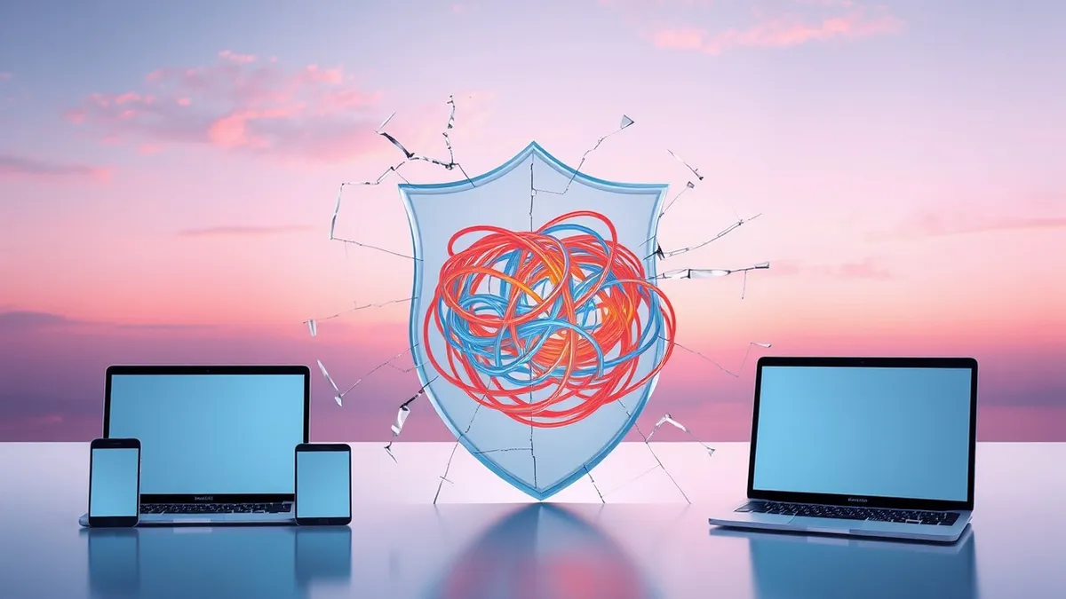 Illustration: A shattered glass shield with jagged cracks reveals a glowing, tangled knot of abstract orange and blue wires behind it, representing a broken security layer that exp