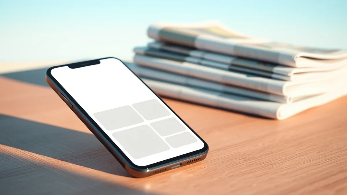 Illustration: A sleek smartphone rests on a wooden desk, its screen displaying a clean news feed interface with abstract placeholder blocks.
