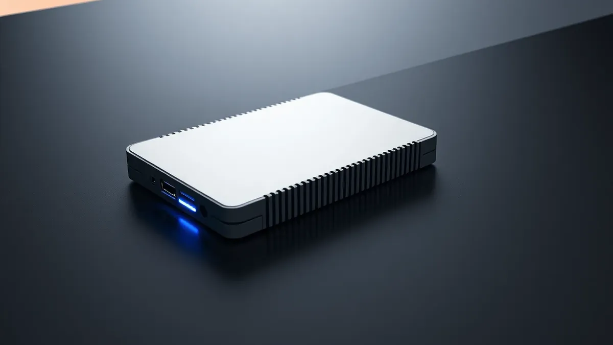 Illustration: A silver solid-state drive rests on a matte black surface.