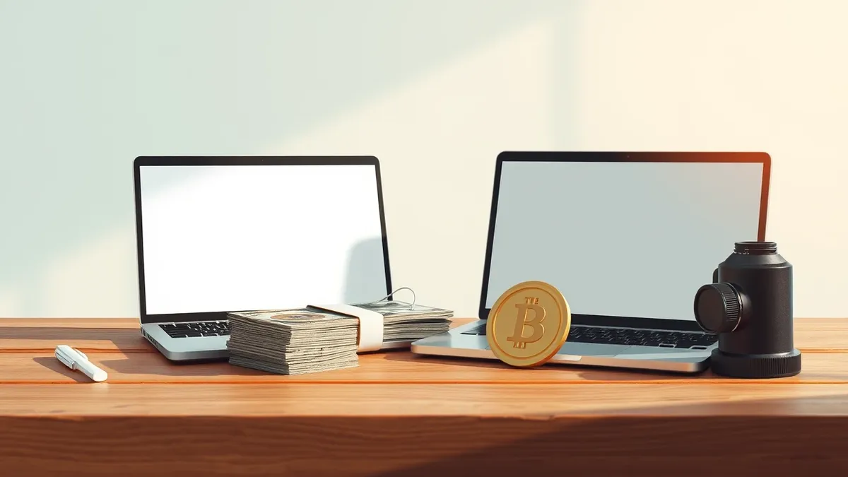 Illustration: A wooden desk holds a small stack of cash bills next to a silver laptop with a blank screen.