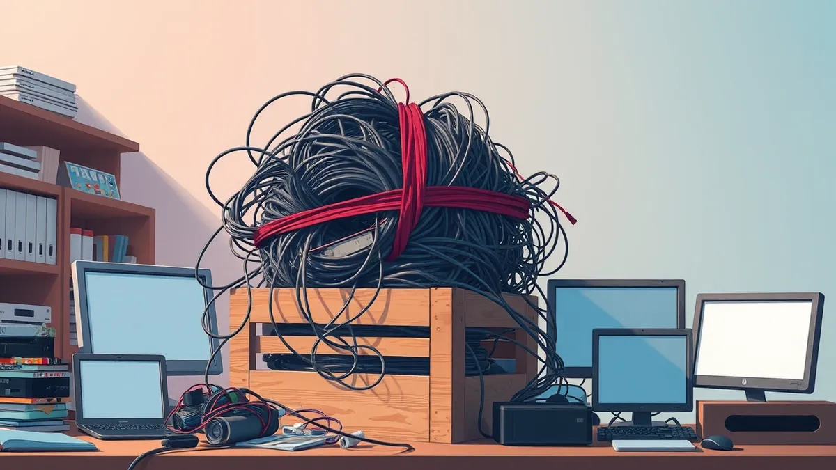 Illustration: A chaotic pile of tangled wire spools overflows from a small wooden crate onto a cluttered desk.