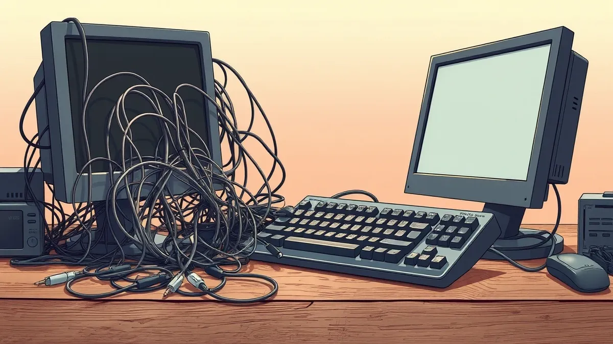 Illustration: A cluttered office desk holds a tangled mass of frayed cables and a cracked, outdated keyboard beside a tilted monitor.