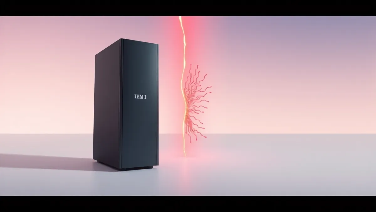 Illustration: A sleek, dark gray IBM i server tower stands alone in a stark white room.
