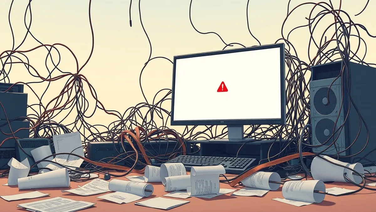 Illustration: A cluttered digital workspace features a chaotic tangle of tangled wires and loose circuit boards.