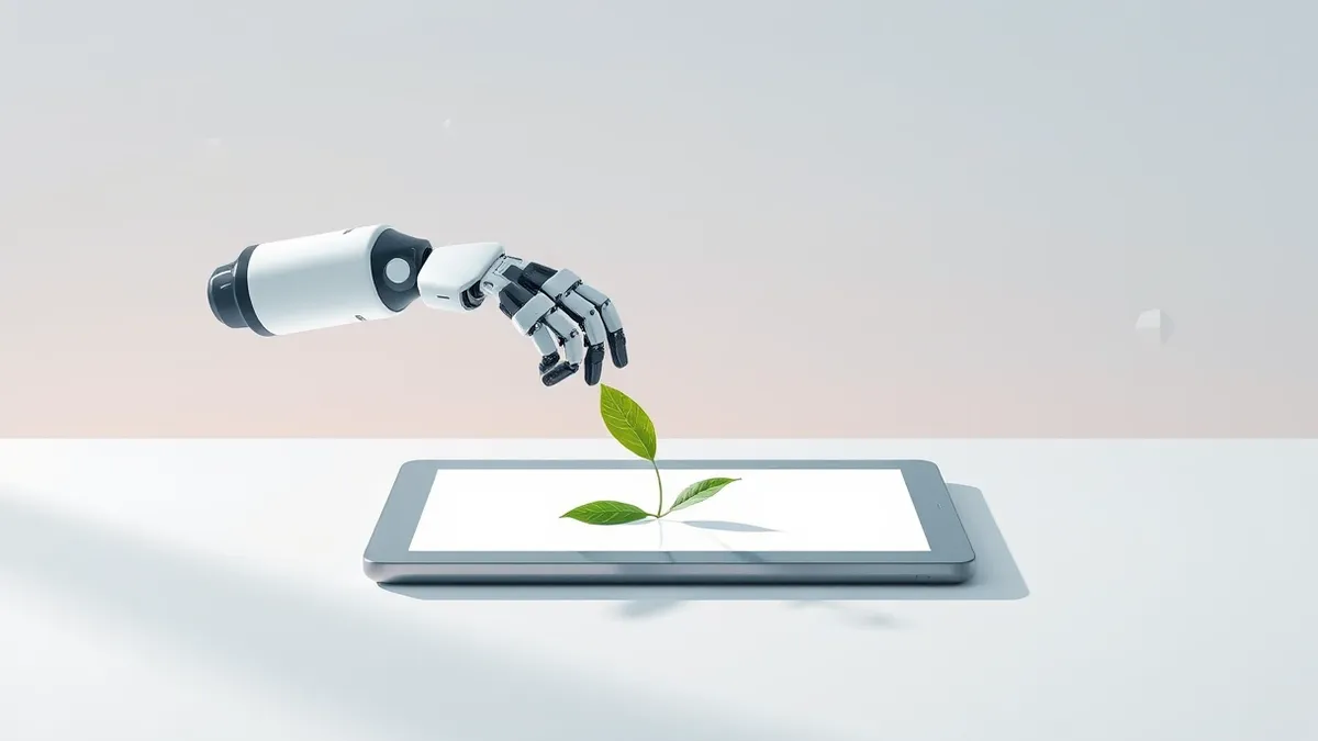 Illustration: A stylized robotic arm gently places a green leaf on a blank digital tablet resting on a sterile white table.