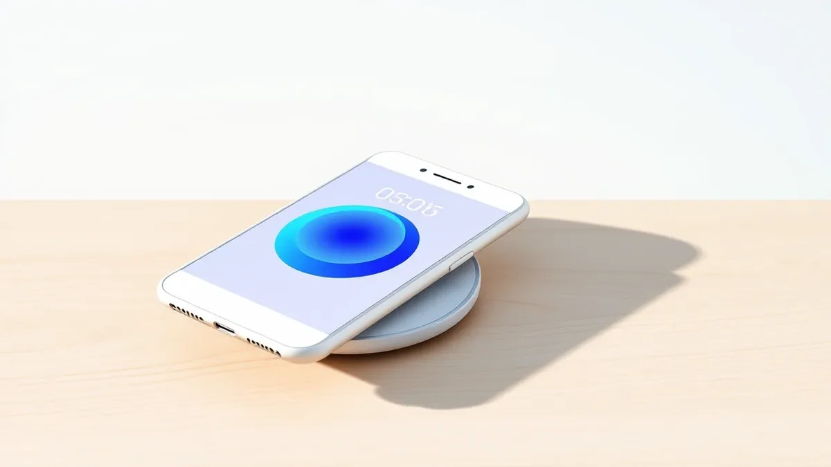 Illustration: A white smartphone rests on a clean wooden table beside a wireless charging pad.