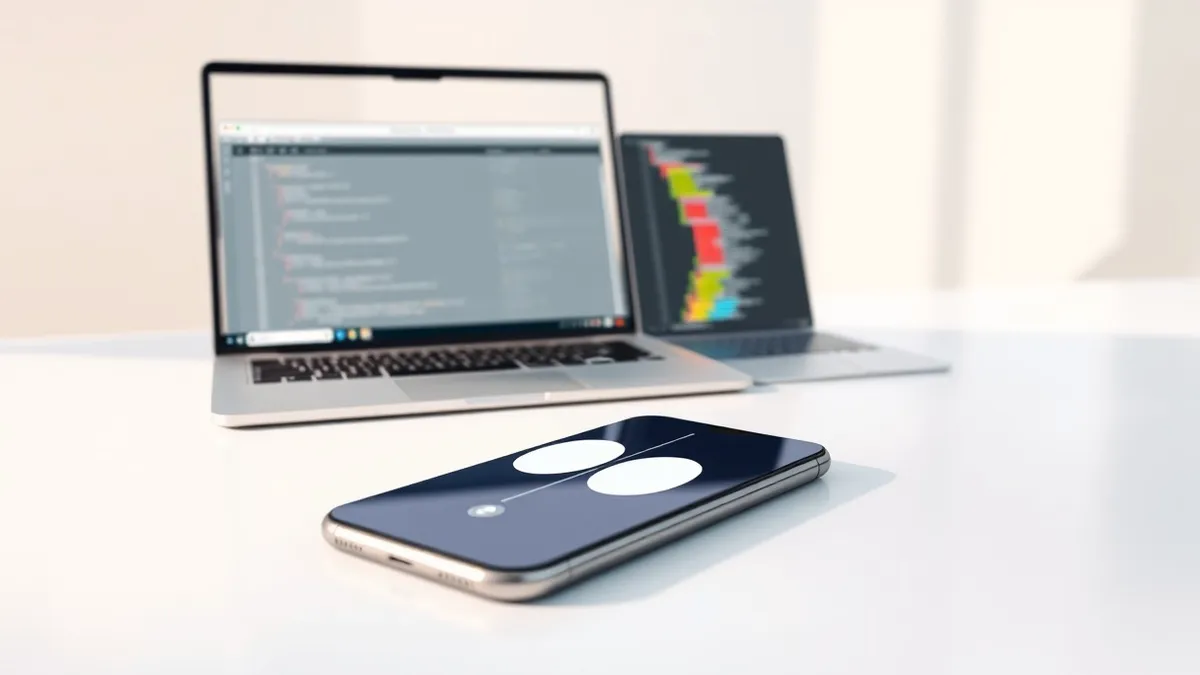Illustration: A sleek smartphone rests on a white desk next to a modern laptop displaying a code editor window.