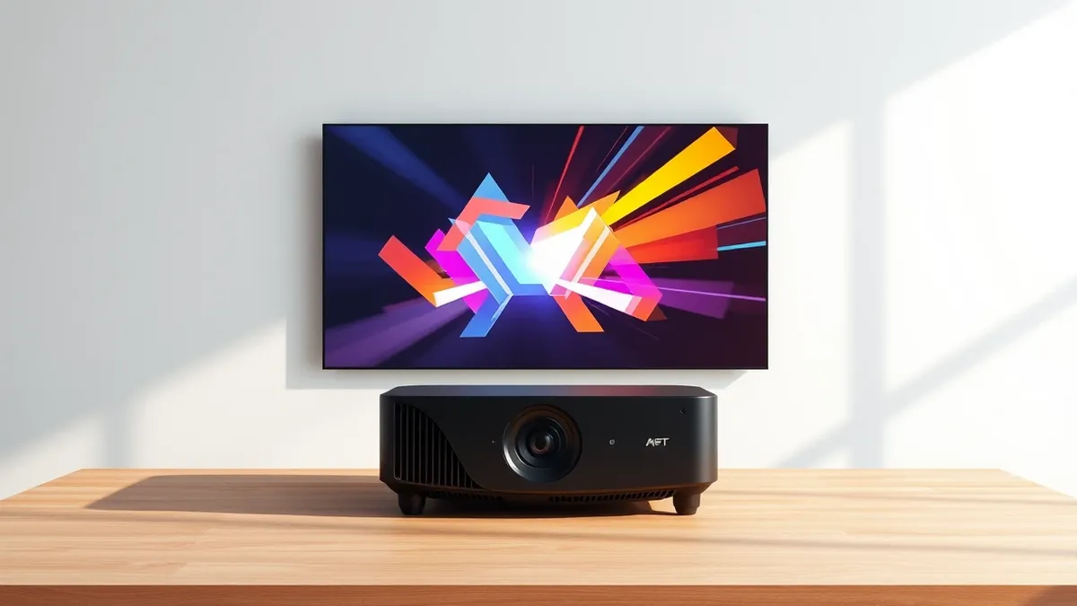 Illustration: A sleek black projector sits on a minimalist wooden table, casting a large, vibrant rectangular image onto a plain white wall.
