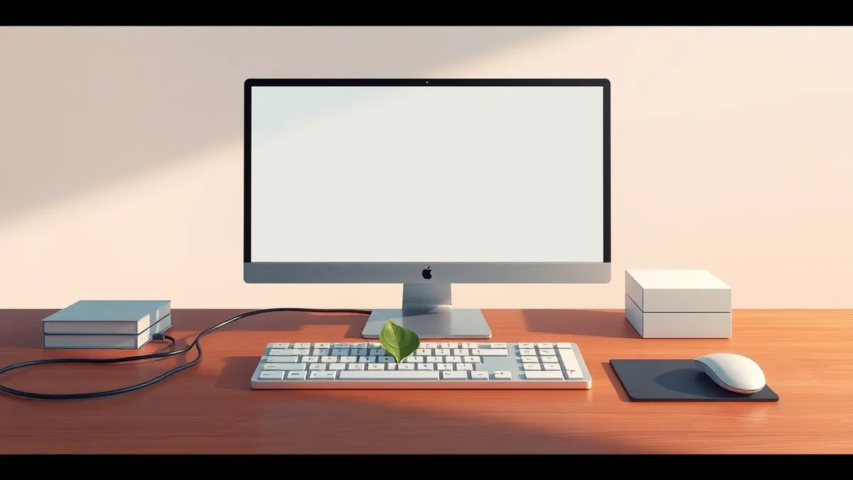 Illustration: A sleek desktop computer sits on a clean wooden desk, its power light glowing steadily.
