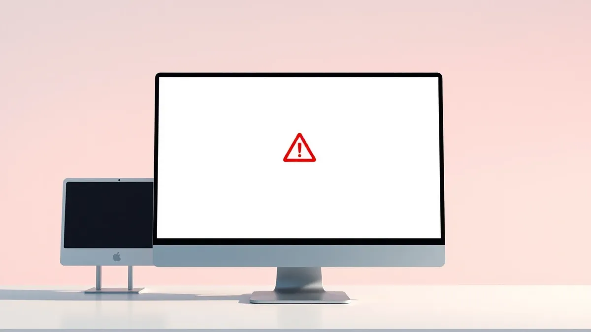 Illustration: A blank computer monitor displays a stark, empty web browser window with a single red warning triangle centered on a white background.