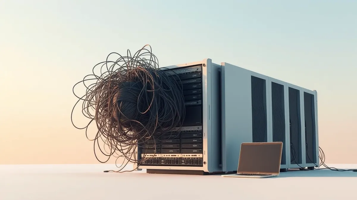 Illustration: A tangled bundle of digital threads tightens around a central server core, transforming chaotic tangles into a streamlined, efficient flow of data.