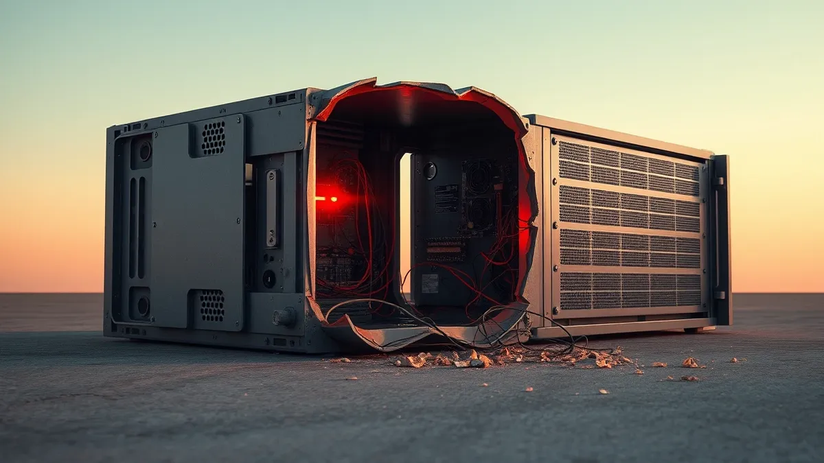 Illustration: A cracked metal server chassis sits open on a concrete floor, its internal circuit boards exposed and tangled with loose wires.
