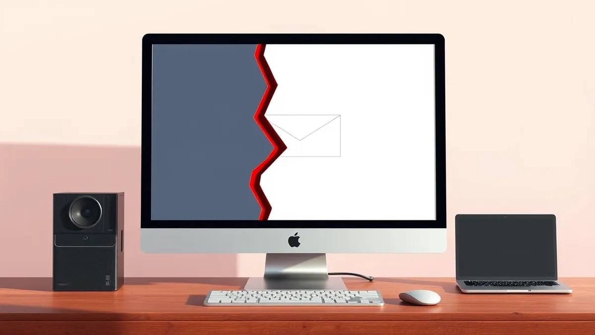 Illustration: A sleek desktop computer sits on a wooden desk with its monitor displaying a blank email client interface.