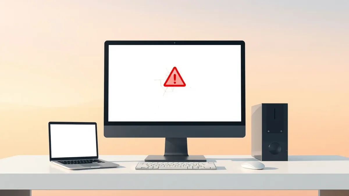 Illustration: A sleek black desktop computer sits on a clean white desk, its monitor displaying a blank white interface with a single red warning triangle.