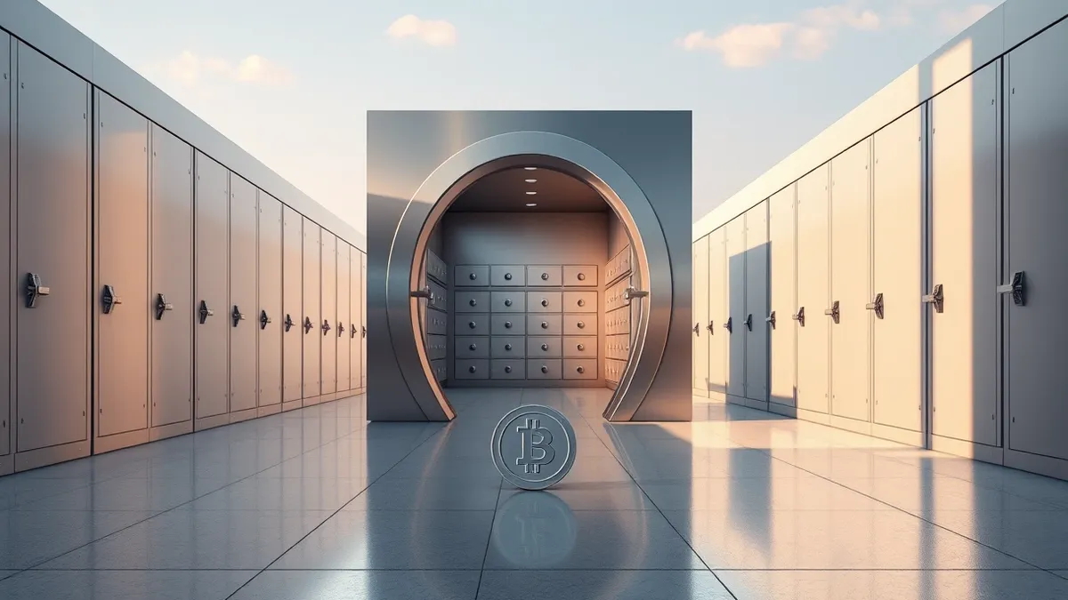 Illustration: A sleek stainless steel vault door stands slightly ajar in a sterile corridor, revealing rows of blank metallic safety deposit boxes inside.