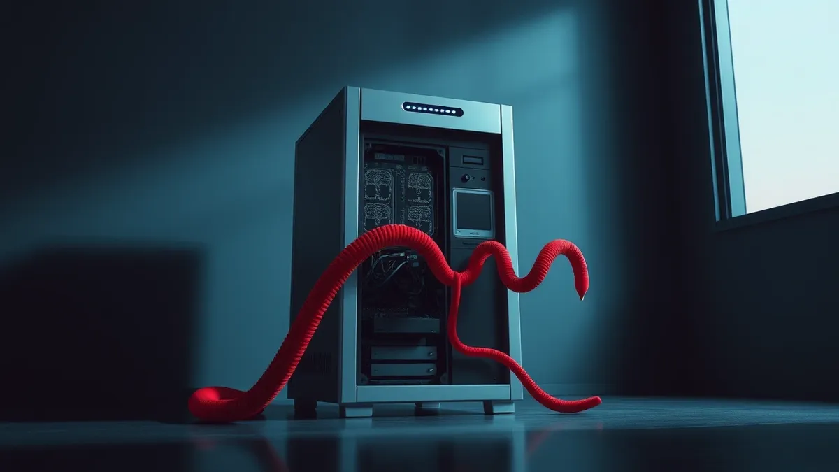 Illustration: A sleek silver server tower sits in a darkened room, its front panel displaying blank status lights.