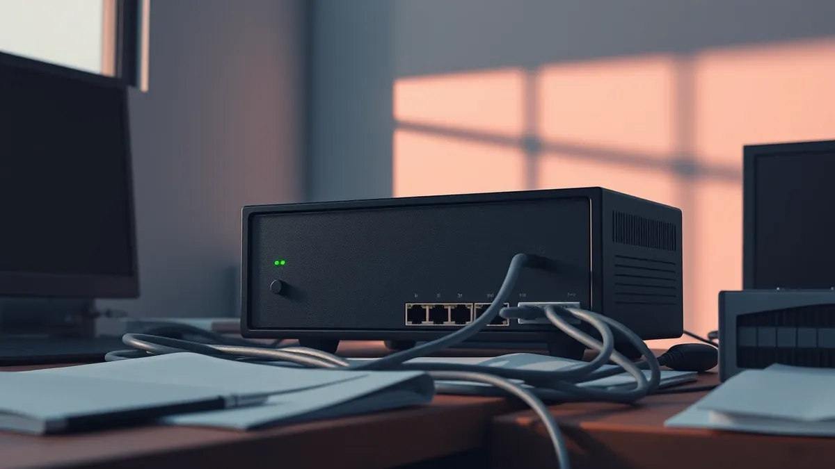 Illustration: A black network security appliance sits on a cluttered desk, its front panel featuring blank grey buttons and a single green LED light.