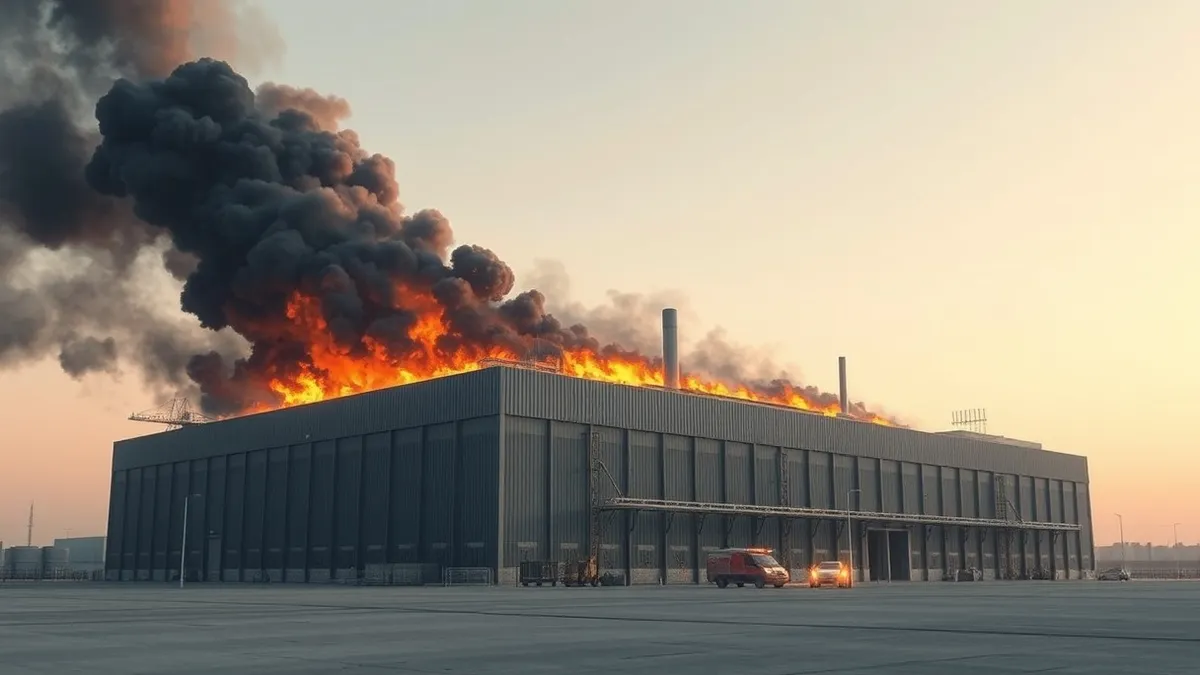 Illustration: A large industrial building burns with thick black smoke rising into the grey sky.