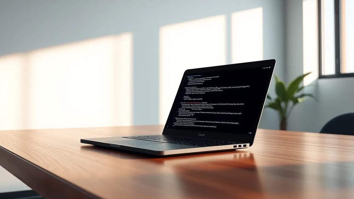 Illustration: A sleek black laptop rests on a polished wooden desk in a quiet office.