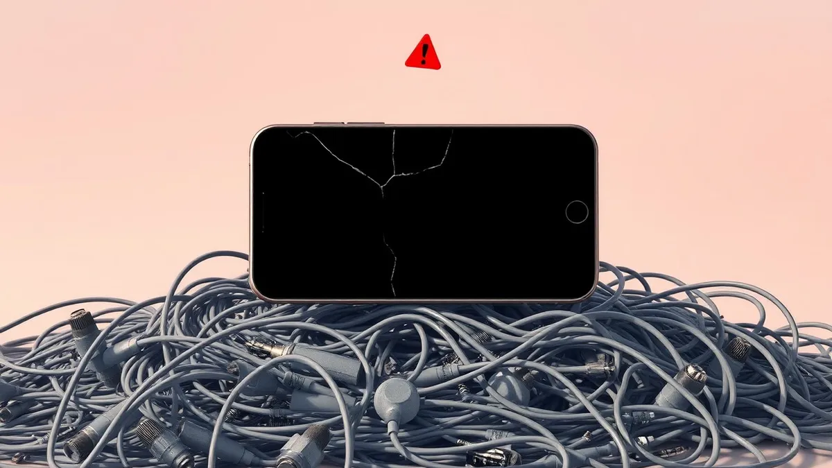 Illustration: A cracked smartphone screen floats above a tangled pile of frayed audio cables and broken circuit boards.