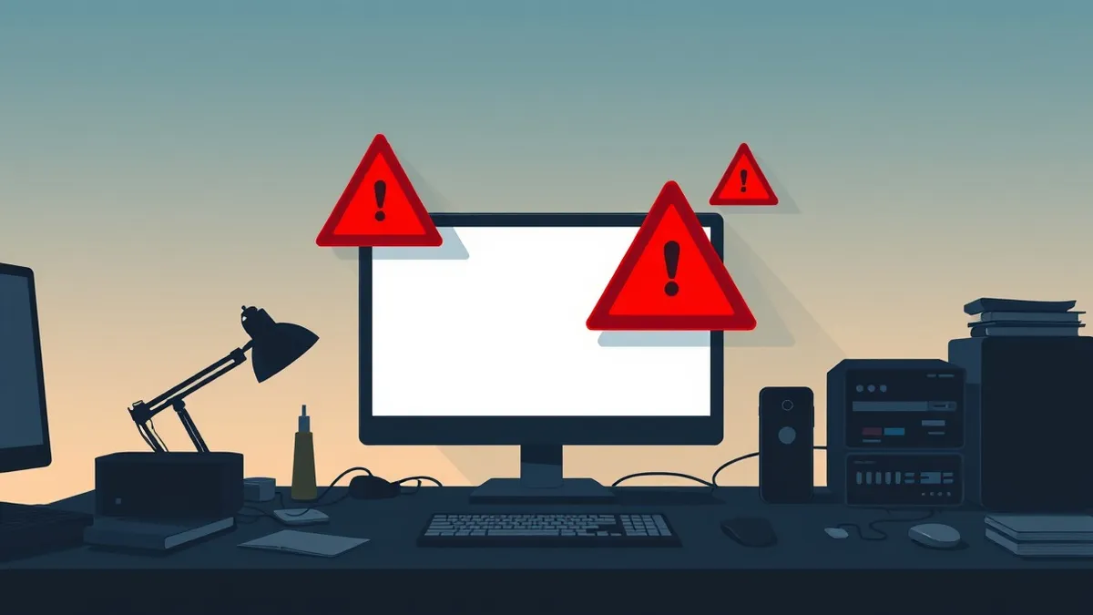 Illustration: A dark, cluttered digital workspace features a single open browser window displaying a blank white page.