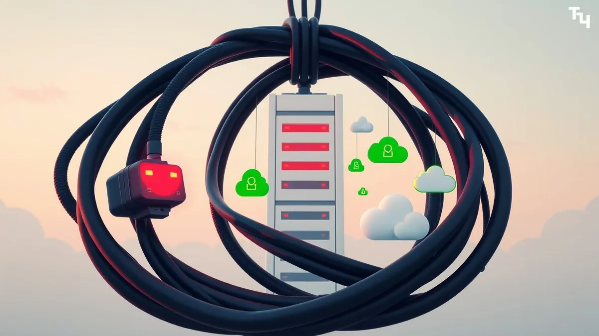 Illustration: A tangled knot of thick black cables connects three distinct regional network hubs to a central white server tower.
