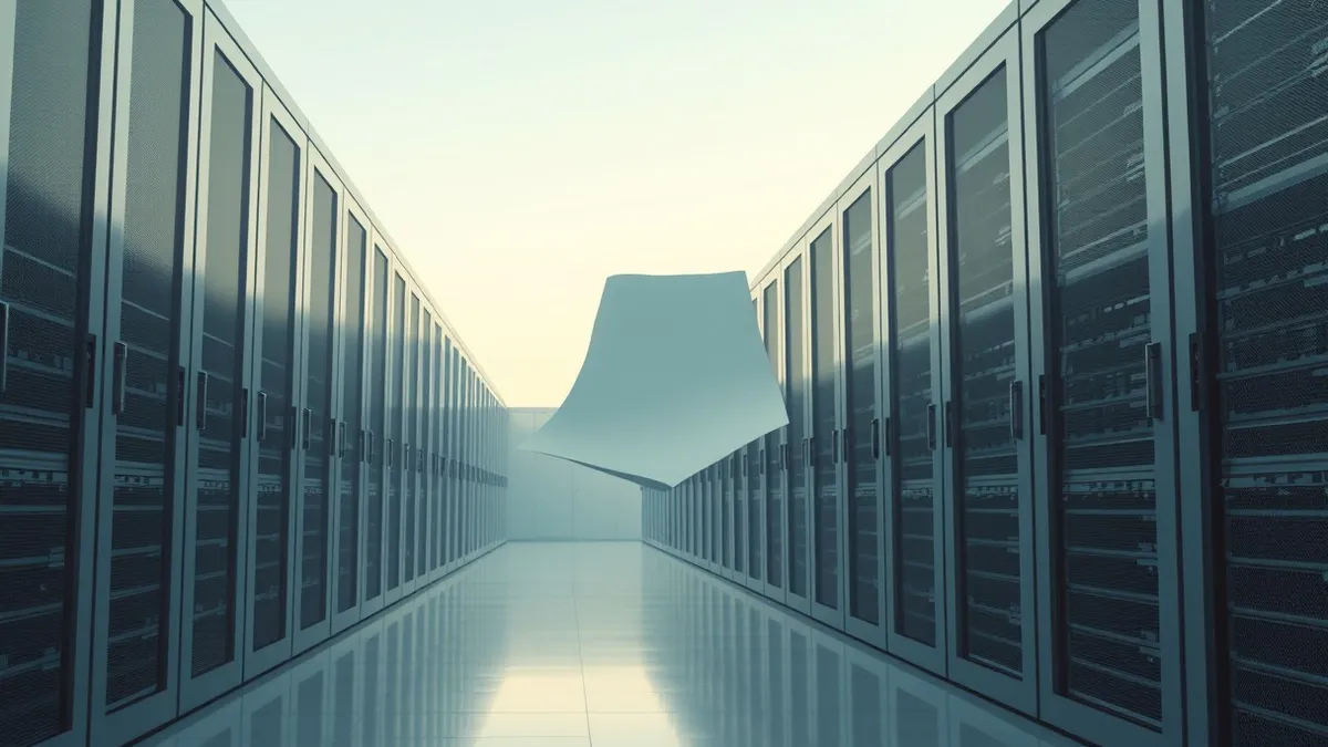 Illustration: An empty, sterile data centre corridor with rows of blank server racks.