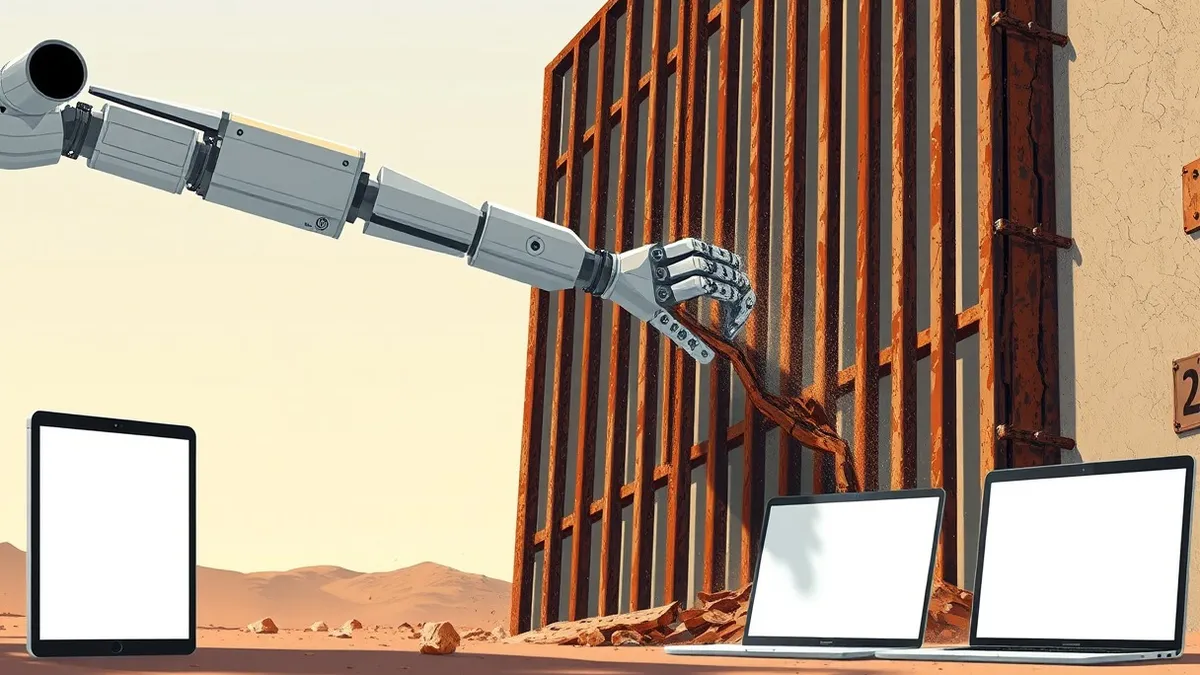 Illustration: A sleek, translucent robotic arm extends rapidly toward a wall of thick, rusted iron bars.