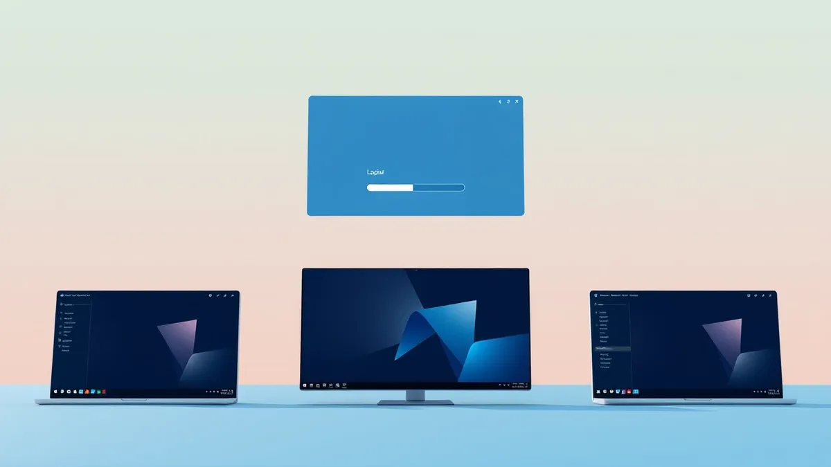 Illustration: A sleek, modern application launcher window floats above three distinct desktop operating system interfaces.