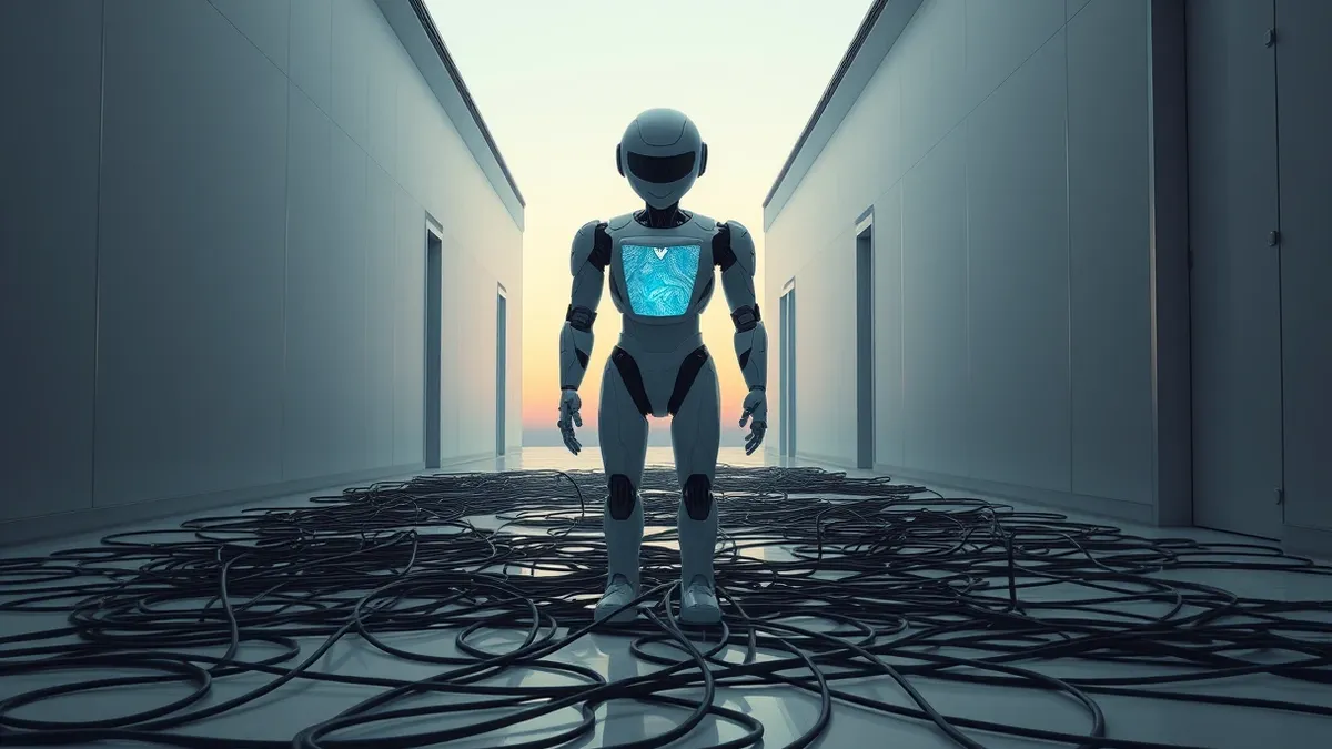 Illustration: A sleek, white autonomous robot stands in a dimly lit office corridor.