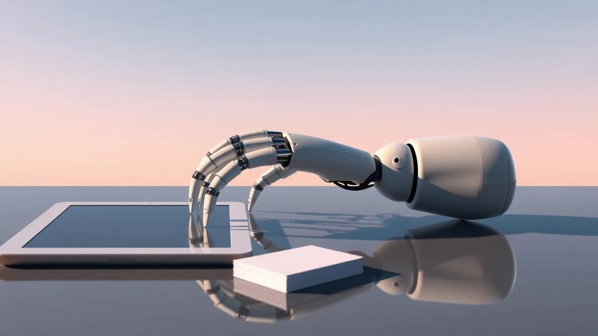Illustration: A sleek, white robotic hand rests on a polished desk surface next to a blank tablet and a stack of minimalist business cards.