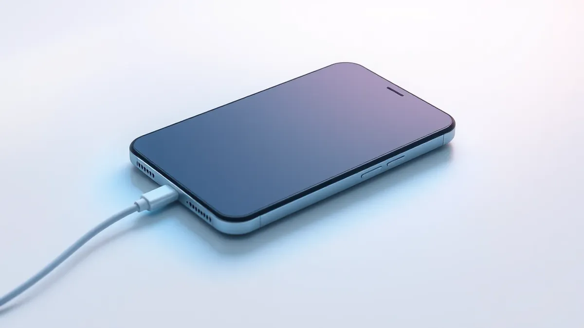 Illustration: A generic smartphone lies flat on a clean white surface, connected to a sleek charging cable.