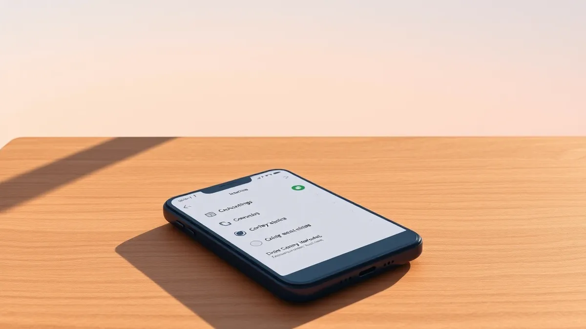 Illustration: A smartphone rests on a wooden desk, its screen displaying a lock screen with a downward-pulled quick settings panel.