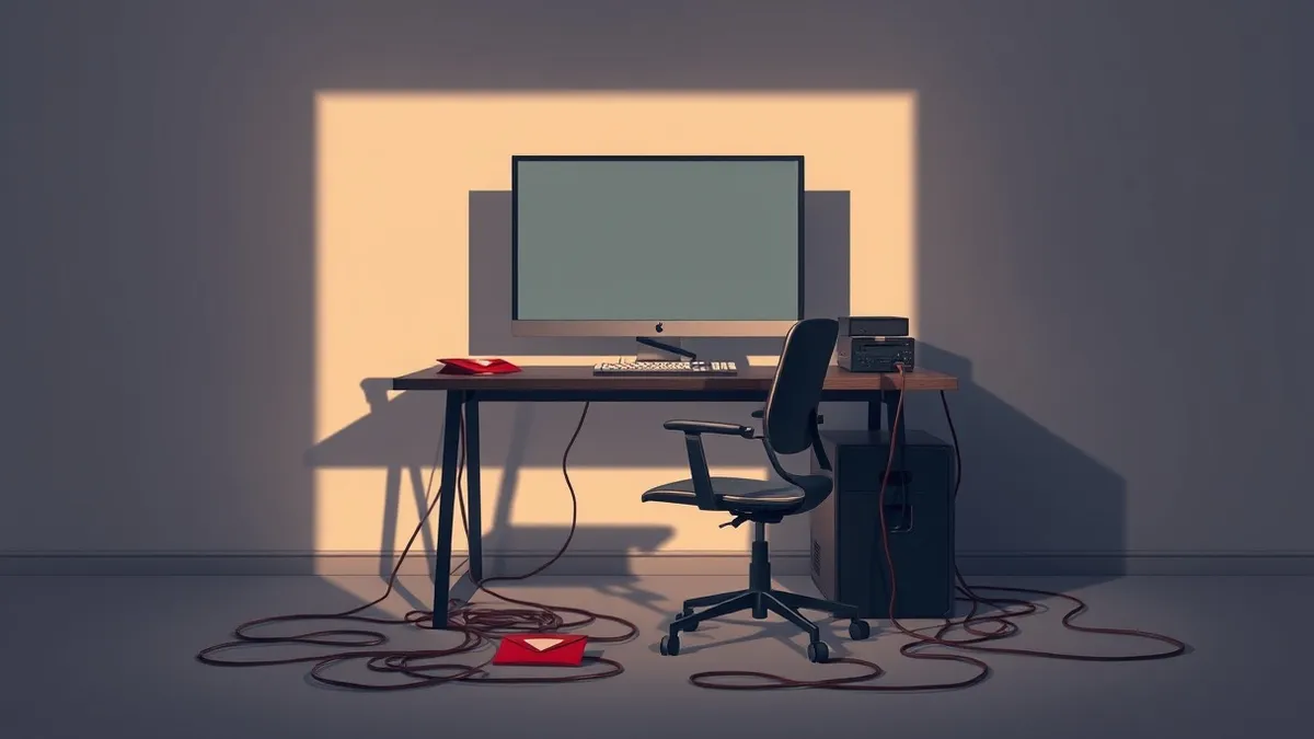 Illustration: A dimly lit workstation with a blank monitor sits in an empty room, casting long shadows across a cluttered desk.