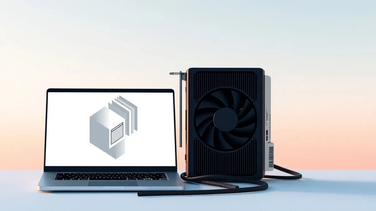 Illustration: A sleek black graphics processing unit sits beside an open laptop displaying abstract geometric shapes on its screen.