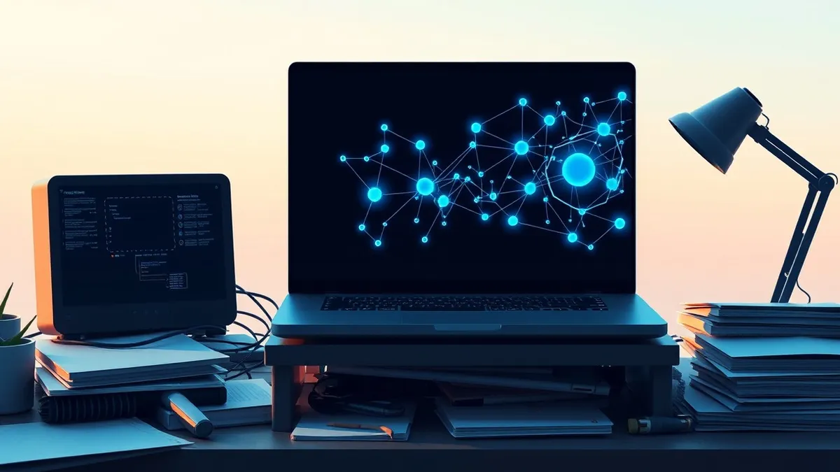 Illustration: A sleek laptop sits on a cluttered desk, its screen displaying a complex network of abstract geometric nodes and connecting lines that pulse with soft blue light, rep