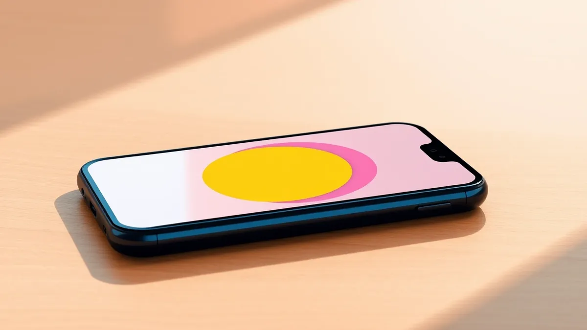 Illustration: A sleek black smartphone rests on a polished wooden desk.