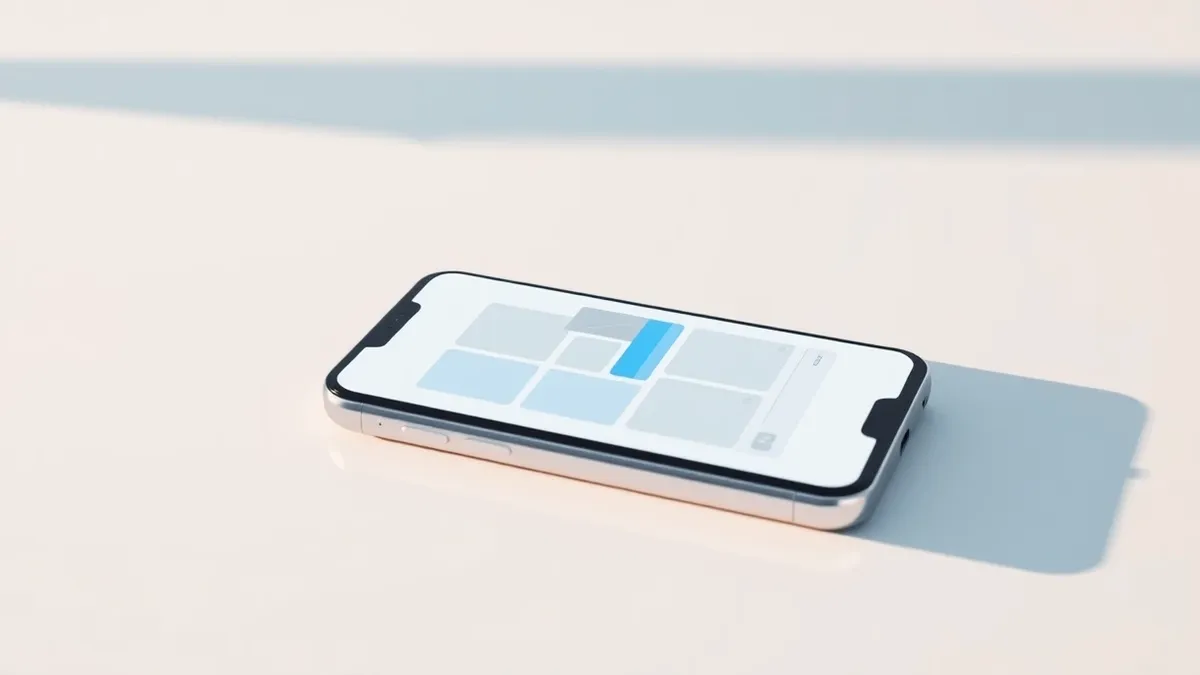 Illustration: A sleek smartphone rests on a clean white desk, its screen displaying a minimalist interface with abstract geometric shapes organizing themselves into distinct applic