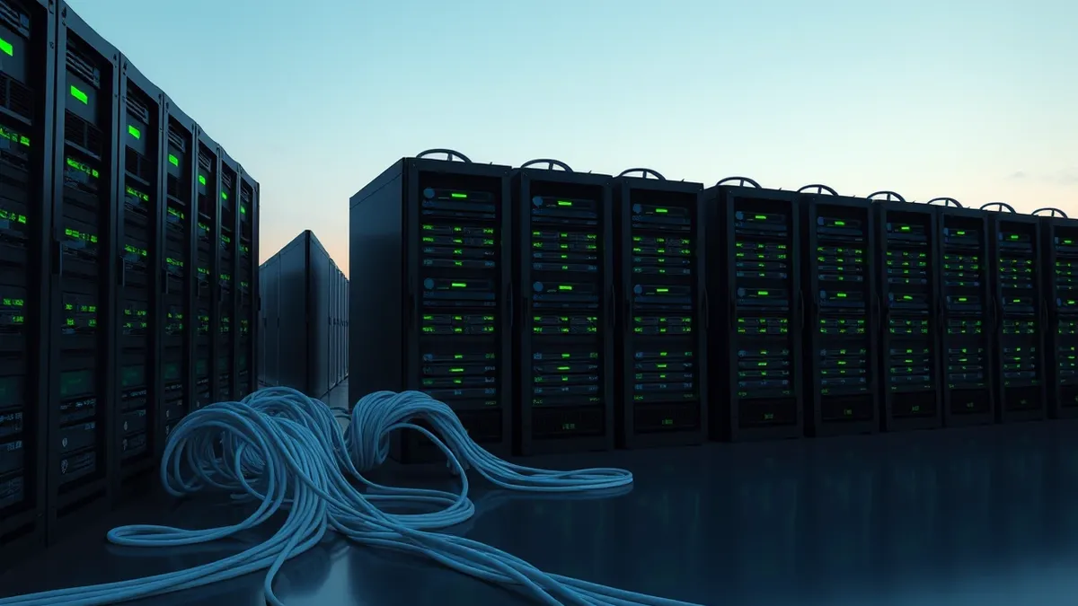 Illustration: A dense row of black server blades sits in a dark room, their green status lights blinking steadily.