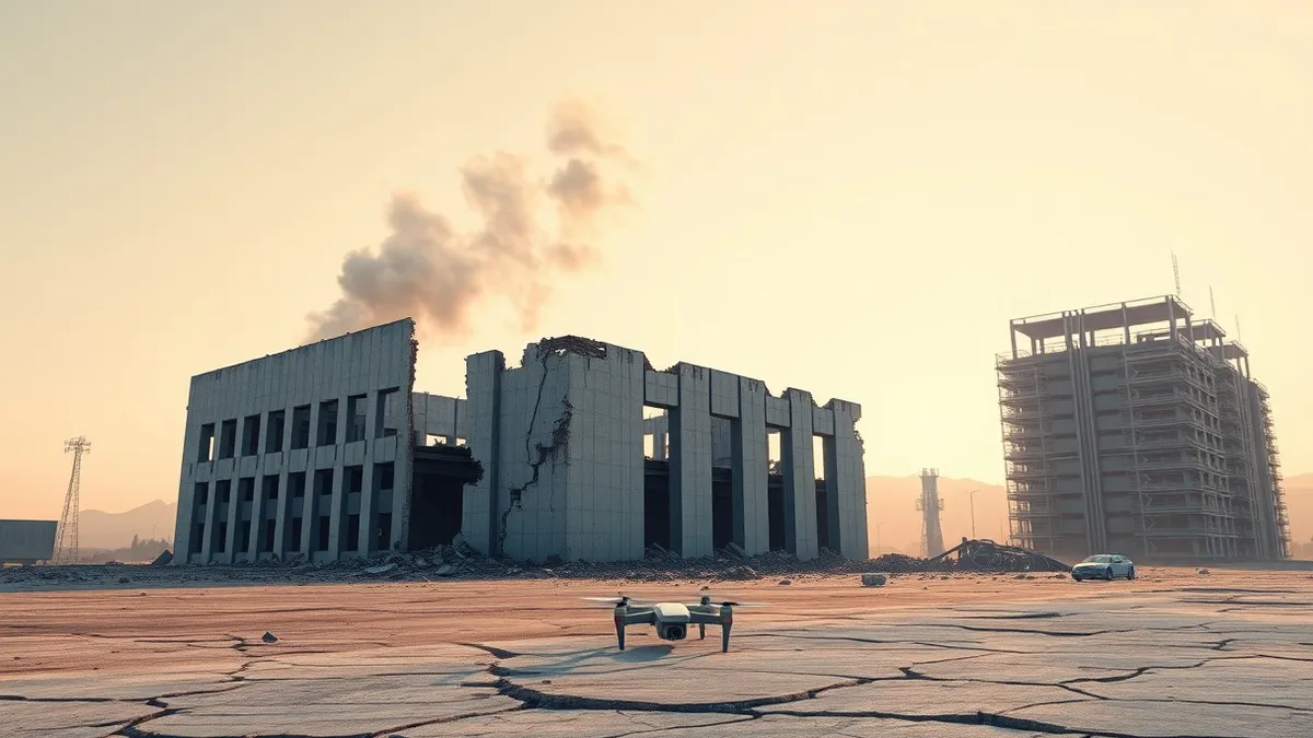 Illustration: A concrete data center building sits in ruins under a pale sky, its roof torn open and walls charred by heat.