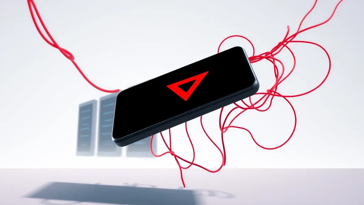Illustration: A sleek black smartphone floats in mid-air, its screen displaying a stark red warning triangle.