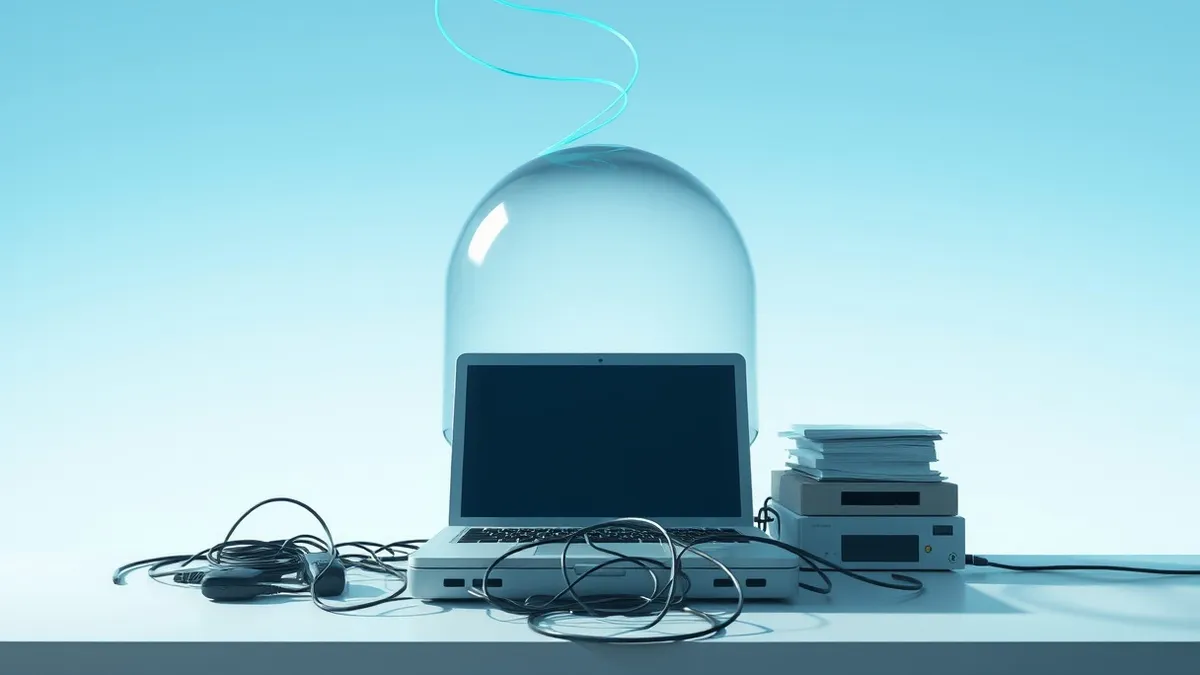 Illustration: A transparent glass dome rests on a cluttered office desk, capturing faint blue light trails that swirl upward into the air.