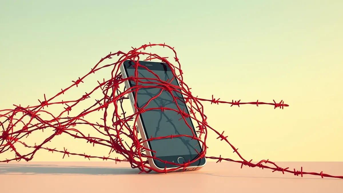 Illustration: A chaotic tangle of red barbed wire wraps tightly around a generic smartphone, trapping it in a rigid cage.